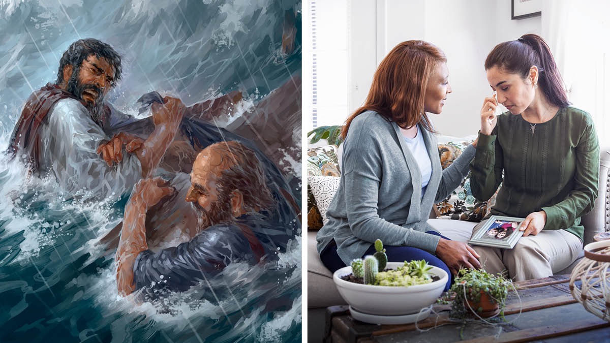 Foto milamakaja: Balunda ba lulamatu badi bakolesha bakuabu. 1. Alistâko ne mupostolo Paulo bakuate ku buatu mu tshipepele. Alistâko mupie Paulo ku tshilamba bua kadinyi mu mavuala to. 2. Muanetu wa bakaji ukolesha muanetu udi mumupuekele ku bidimu. Udi ukupula binsonji, mukuate foto wa baledi bende badi bafue.