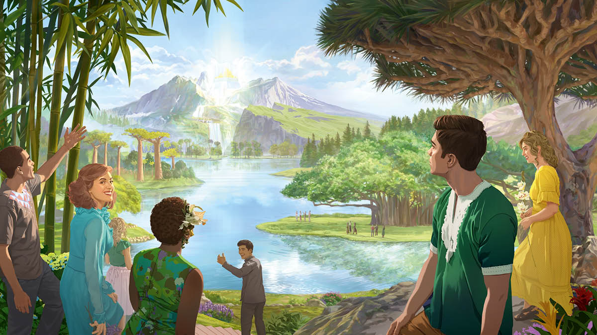 Bantu ne disanka mu mparadizu pa buloba. Lua ku bule, musulu wa mâyi upueka ufumina mu tshimenga tshia mu tshimfuanyi tshia Yelushalema mupiamupia. Mitshi milenga mikale ku nseke yawu yonso ibidi.