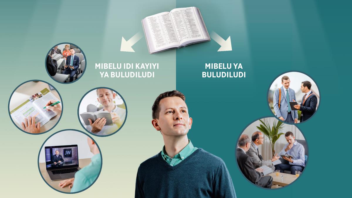 Foto milamakaja: Muanetu wa balume wela meji a mishindu mishilashilangane idiye mua kupetela mibelu. Ku mutu kuende kudi Bible mubulula ne tumikete tubidi tuleja mushindu udiye mua kupetela mibelu ya buludiludi ne udiye mua kupetela mibelu idi kayiyi ya buludiludi. 1. Mibelu idi kayiyi ya buludiludi: muanetu wa balume mu bisangilu; udi ubala Bible; umona ndongamu wa ku TV wetu wa JW; udilongela. 2. Mibelu ya buludiludi: muanetu wa balume au uteleja muanetu mukuabu padiye umuambila bualu ne umuleja tshintu mu tablete wende; bakulu babidi balue kumukumbula.