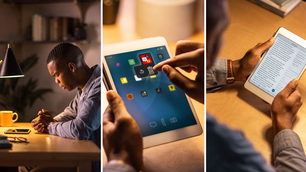 Foto: Muanetu wa balume wenza malu adi amuambuluisha bua kukandamena diteta. 1. Udi usambila ne muoyo mujima. 2. Udi umbusha programe kampanda mu tablete wende. 3. Udi ubala Bible.