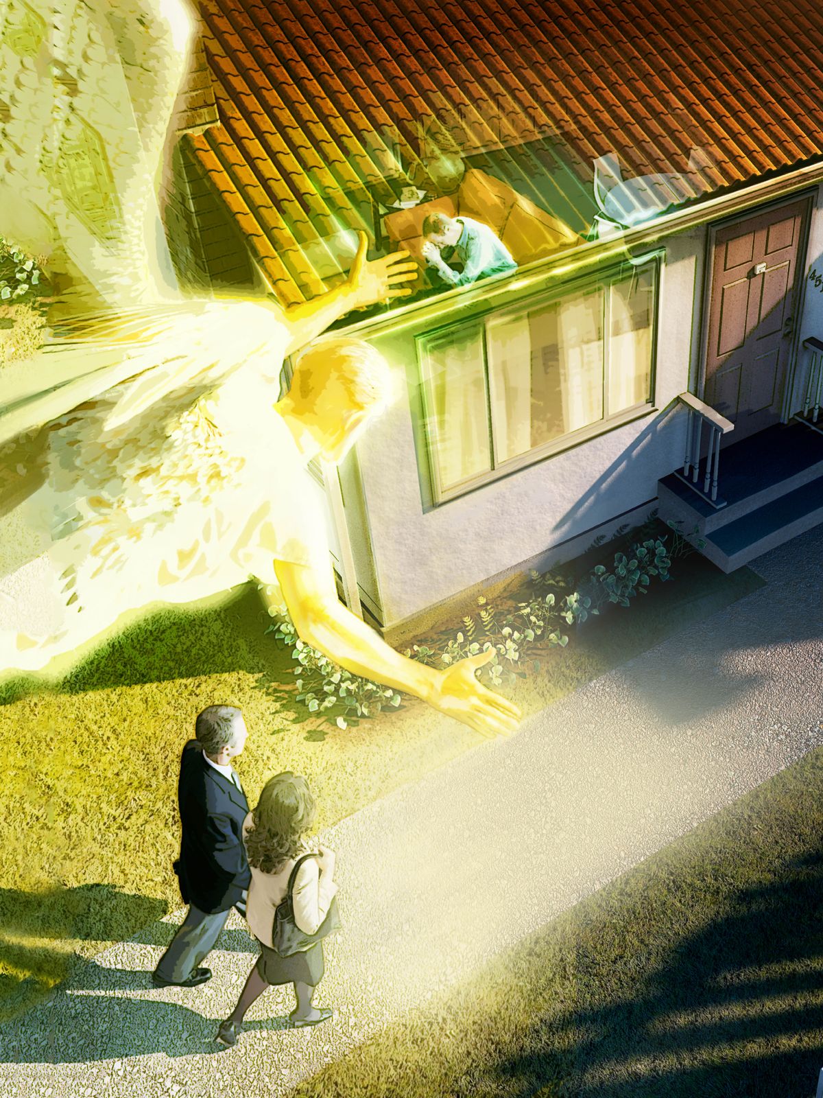 Muanjelu ulombola muanetu wa balume ne mukajende ku nzubu kampanda padibu bayisha. Muntu mulume usambila mu nzubu.