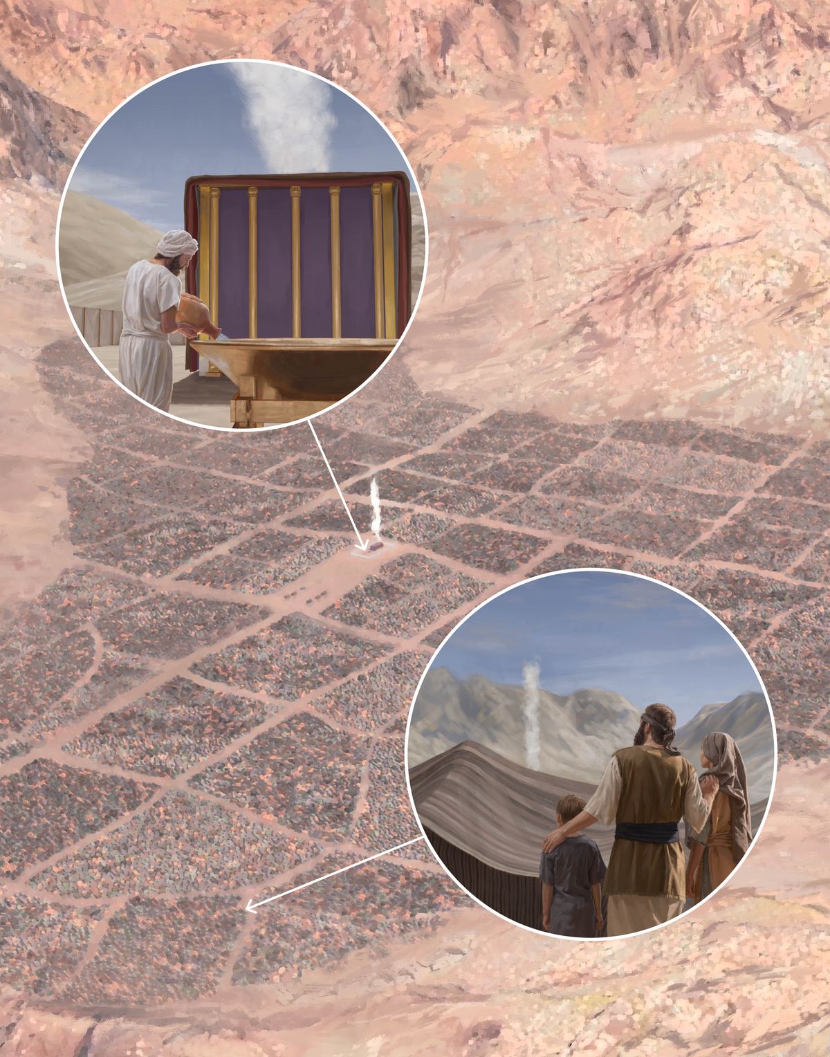 Foto wa bena Isalele mu tshipele banyunguluke ntenta wa tshitendelelu mukuatshila muulu. Dikunji dia ditutu pa ntenta wa tshitendelelu. Tufoto tukese: 1. Muakuidi upongolola mâyi mu dilongo dinene dia tshiamu tshia mitaku didi kumpala kua ntenta wa tshitendelelu ne kua dikunji dia ditutu. Kashonyi kumbukila ku kafoto kaleja ntenta wa tshitendelelu. 2. Bena mu dîku pambelu pa ntenta wabu batangile dikunji dia ditutu didi kule. Kashonyi kumbukila ku kafoto kakuabu, kaleja muaba udi ntenta wa bena dîku abu udi pabuipi ne maloba a kundekelu kua tshitudilu.