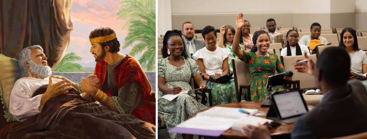 Foto: 1. Davidi mulale pa bulalu uyukila ne Mukalenge Solomo udi mumukuate ku tshianza. 2. Bana betu ba balume ne ba bakaji mu kalasa ka bampanda-njila. Muanetu wa bakaji muele tshianza kuulu bua kuandamuna.