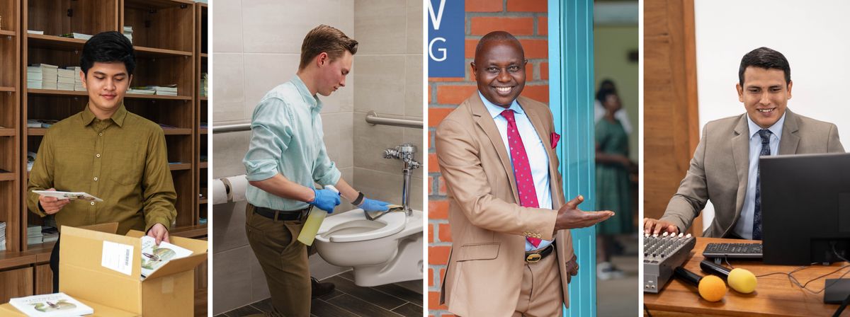 Foto: Basadidi ba mudimu benza mudimu ne muoyo mujima. 1. Muanetu wa balume upatula mikanda mu karton bua kuyiteka mu kabadi. 2. Muanetu wa balume mukuabu ulongolola mu nkumba. 3. Muanetu wa balume mukuabu wela bantu badi balua mu bisangilu muoyo. 4. Muanetu wa balume wenza mudimu ku bisanji bia mêyi ne bindidimbi mu Nzubu wa Bukalenge.