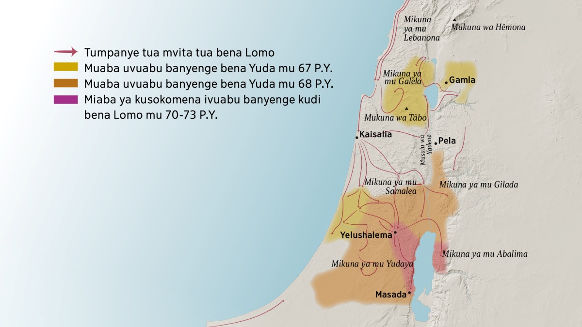 Karte kaleja mikuna ne bimenga bia mu Isalele mu bidimu lukama bia kumpala. Ku nord kua Yelushalema kudi mikuna ya mu Lebanona, ya mu Galela, ya mu Samalea, ya mu Gilada, ne Mukuna wa Hêmona ne wa Tâbo. Bimenga bia ku nord kua Yelushalema mbiobi ebi: Gamla, Kaisalia, ne Pela. Ku Sud kudi mikuna ya mu Yudaya ne ya Abalima, ne tshimenga tshia Masada. Karte kadi kaleja kabidi njila ivua basalayi bena Lomo benzela tumpanye tua mvita ne miaba ivuabu banyenge bena Yuda kubangila mu 67 P.Y. too ne mu 73 P.Y.