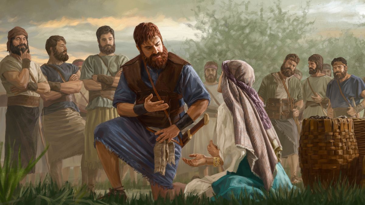 Mukalenge Davidi uteleja Abigayila udi musombe panshi, umusengelela.