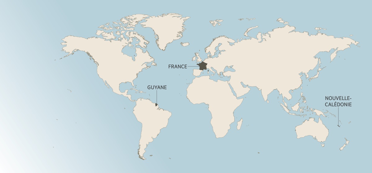Karte ka buloba bujima kaleja muaba udi ditunga dia Guyane lua ku nord-est wa Amérique du Sud, dia France lua ku Mputu wa ku ouest, ne tshidiila tshia Nouvelle-Calédonie lua ku est wa Australie.