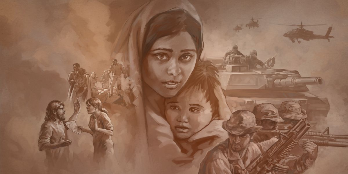 Muntu mukaji mukongoloje muana mu maboko mu mvita