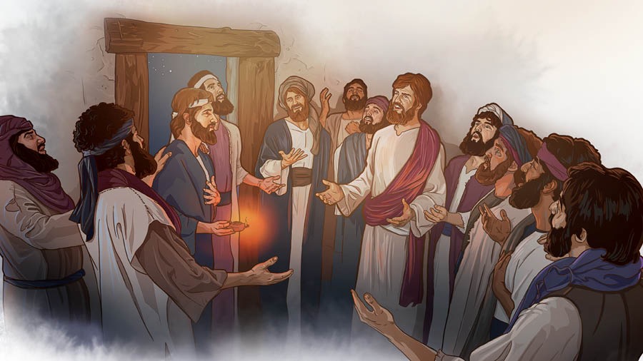 Jēzus un viņa uzticīgie apustuļi dzied slavu Jehovam.