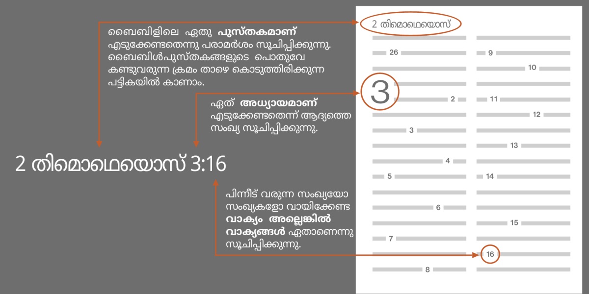 ഒരു ബൈബിൾവാക്യം എങ്ങനെ കണ്ടുപിടിക്കാമെന്ന്‌ അറിയാൻ 2 തിമൊഥെയൊസ്‌ 3:16 ഉദാഹരണമായി എടുത്തുനോക്കാം. ഇതു ബൈബിൾപുസ്‌തകത്തിന്റെ പേരാണ്‌. ഈ ഉദാഹരണത്തിൽ 2 തിമൊഥെയൊസ്‌. (ബൈബിൾപുസ്‌തകങ്ങളുടെ പേരുകൾ പൊതുവെയുള്ള ക്രമത്തിൽ താഴത്തെ പട്ടികയിൽ കൊടുത്തിരിക്കുന്നു.) ആദ്യത്തെ അക്കം അധ്യായത്തെ കുറിക്കുന്നു. ഈ ഉദാഹരണത്തിൽ 3-ാമത്തെ അധ്യായം. പിന്നെയുള്ള അക്കം വാക്യത്തെ കുറിക്കുന്നു. ഈ ഉദാഹരണത്തിൽ 16-ാം വാക്യം.