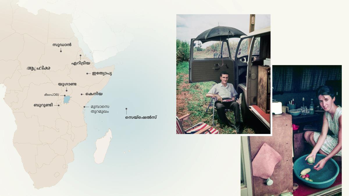 ചിത്രങ്ങൾ: 1. സ്റ്റീഫൻ ഹാർഡി സേവിച്ച ചില സ്ഥലങ്ങൾ രേഖപ്പെടുത്തിയിരിക്കുന്ന ആഫ്രിക്കയുടെ ഒരു മാപ്പ്‌. 2. വാനിനു വെളിയിൽ, മടക്കിവെക്കാൻ കഴിയുന്ന ഒരു കസേരയിൽ സ്റ്റീഫൻ സഹോദരൻ ഇരിക്കുന്നു. 3.  സ്റ്റീഫൻ സഹോദരന്റെ ആദ്യത്തെ ഭാര്യയായിരുന്ന ബാർബറ സഹോദരി പച്ചക്കറി ഒരു പ്ലാസ്റ്റിക്‌ പാത്രത്തിലിട്ട്‌ കഴുകുന്നു.