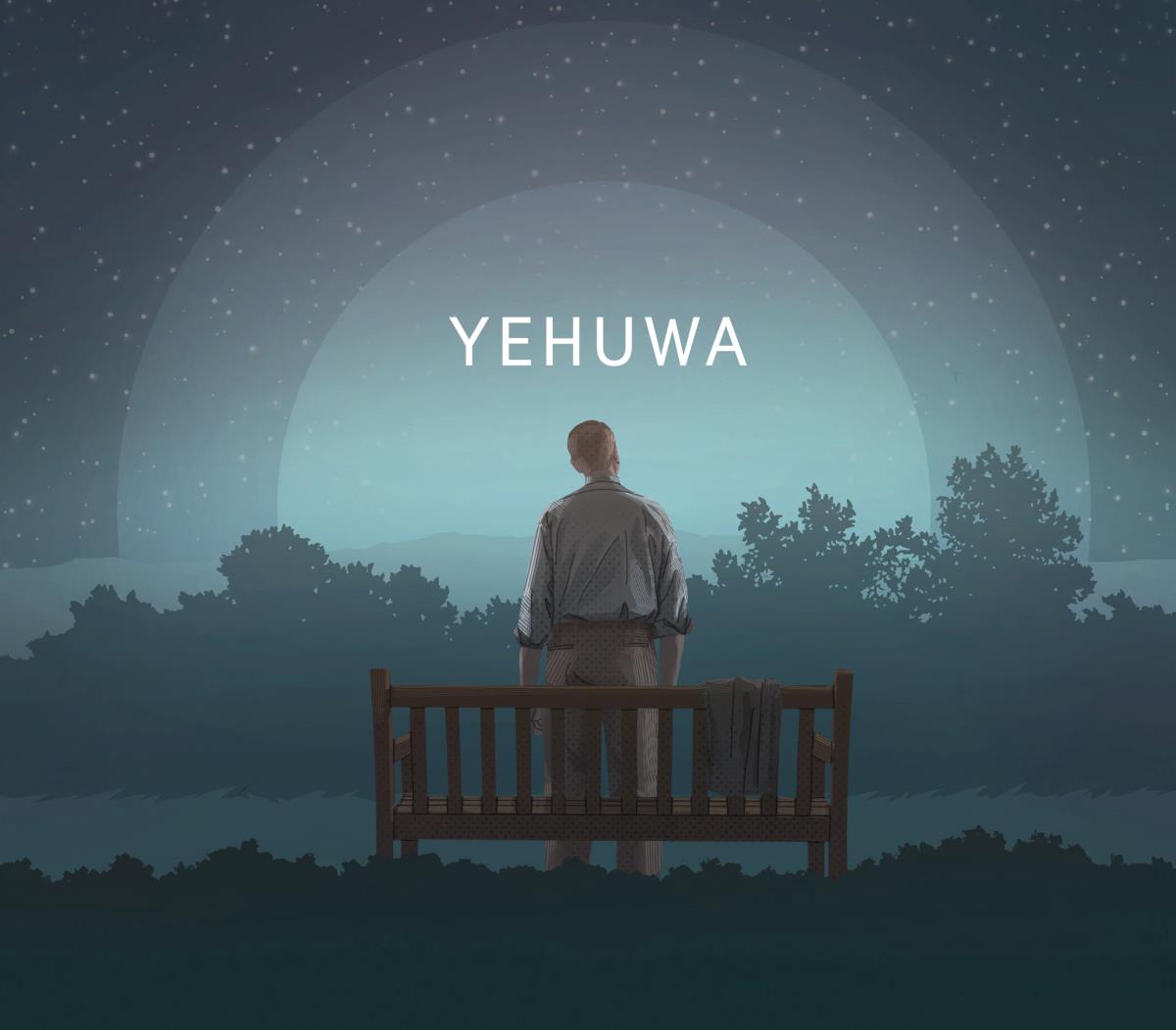 Seorang lelaki melihat langit malam. Nama Yehuwa ditunjukkan.