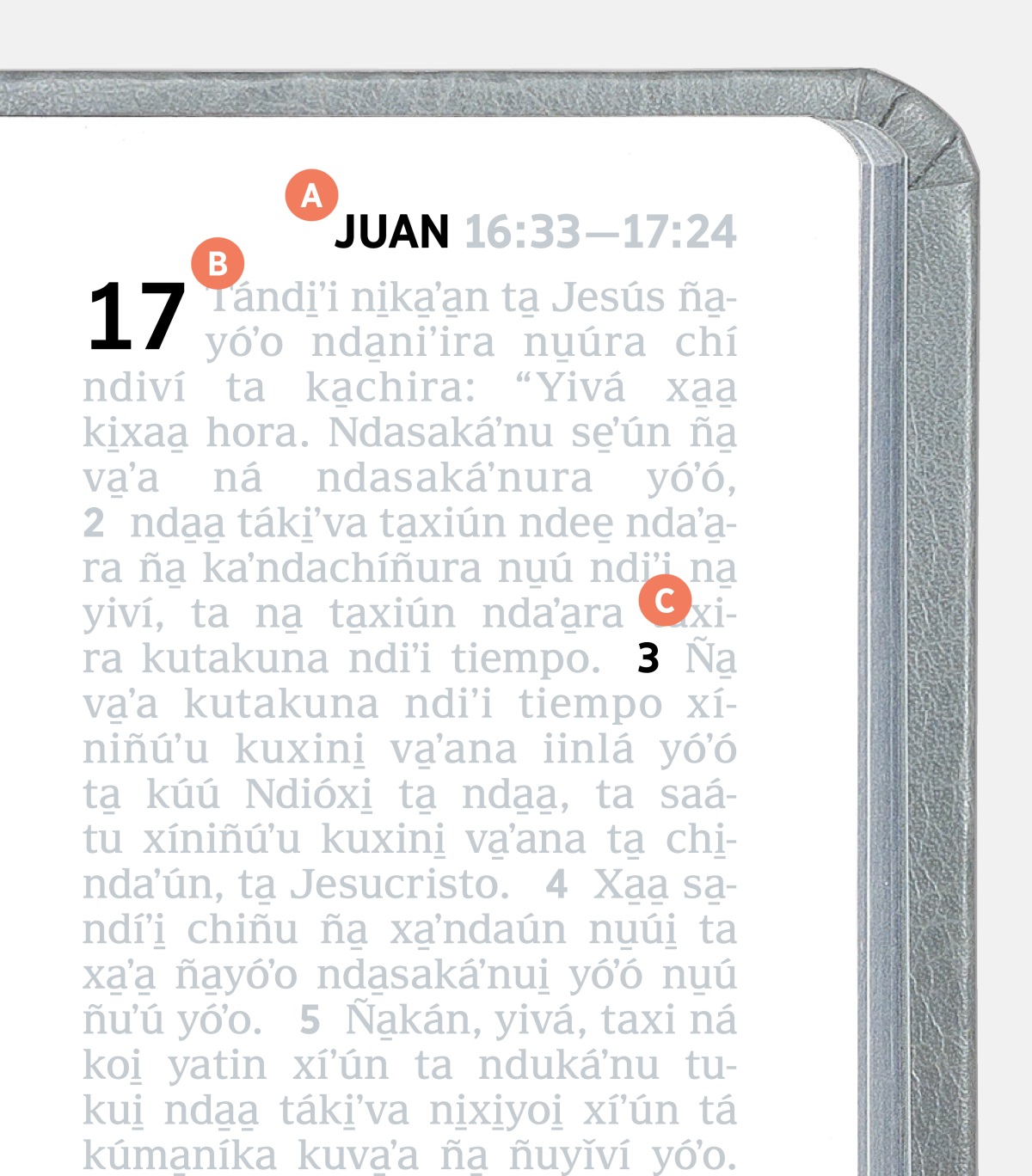 Ña̱ káʼa̱n xa̱ʼa̱ ña̱ va̱xi xíʼin letra A, B xíʼin C ña̱ va̱xi nu̱ú iin página ña̱ Biblia.