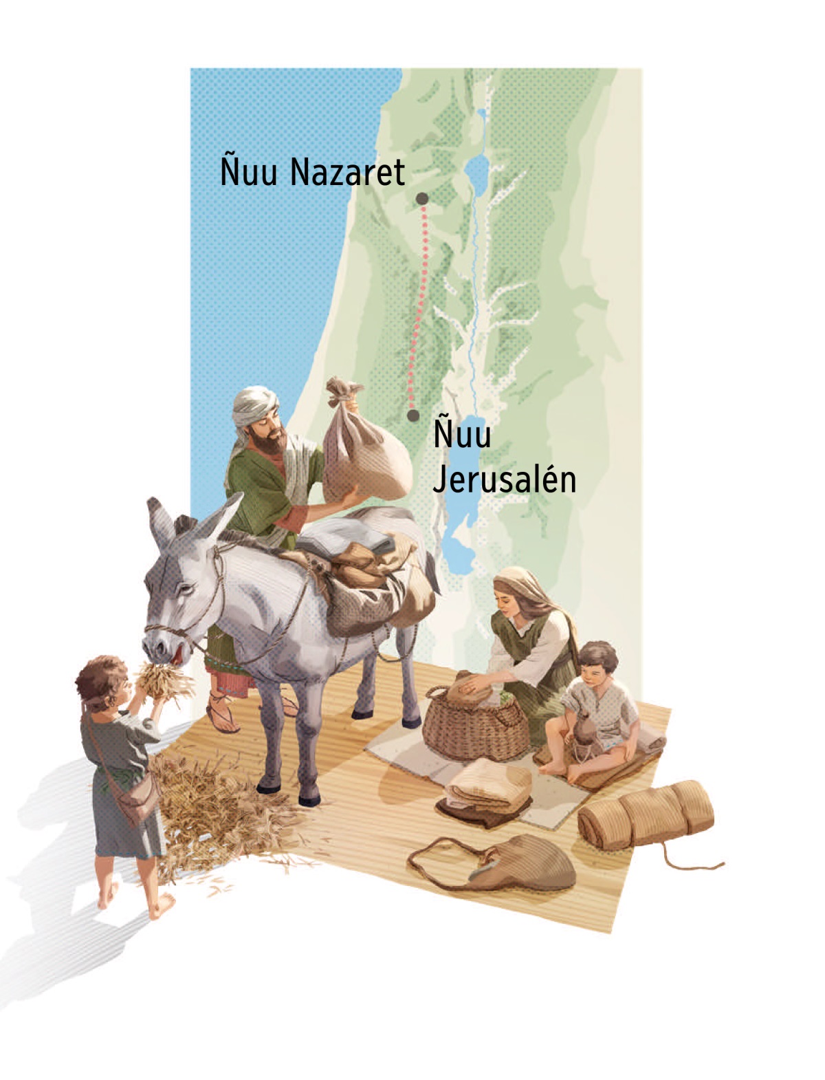 Na̱ʼná ta̱ José, ñá María, ta̱ Jesús xíʼin iin ta̱ ñanira tá íxatu̱ʼvana miína ña̱ ku̱ʼu̱nna: 1. Ta̱ José chíndósóra costal sa̱tá iin burro, ta ñá María íxatu̱ʼvañá ña̱ kuxuna yichi̱. 2. Iin mapa ña̱ náʼa̱ ndáa míí kíndo̱o ñuu Nazaret xíʼin ñuu Jerusalén.