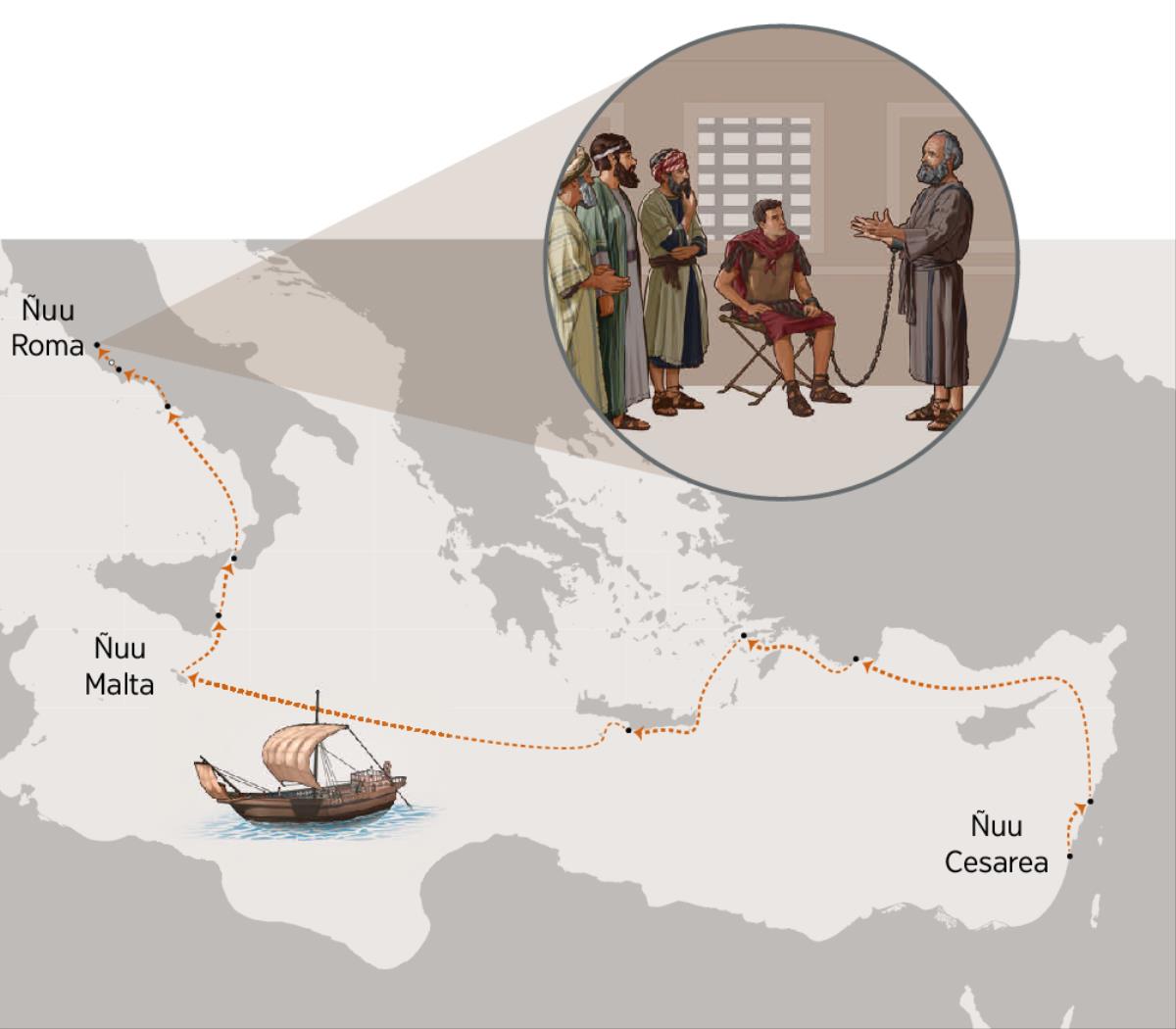 Ta̱ Pablo nátúʼunra xíʼin sava na̱ judío na̱ ñuu Roma tá núʼnira xíʼin iin ta̱ soldado. Nu̱ú ni̱xa̱ʼa̱n ta̱ Pablo ñuu Cesarea nda̱a̱ ñuu Roma