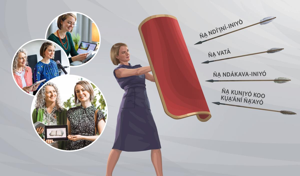 Iin ñá hermana káʼviñá Biblia, táxiñá comentario ti̱xin reunión, ku̱a̱ʼa̱nñá nátúʼunñá ta níʼiñá iin escudo káʼnu ña̱ sási nu̱ú ña̱ kúni̱ ta̱ Ndi̱va̱ʼa keʼéra