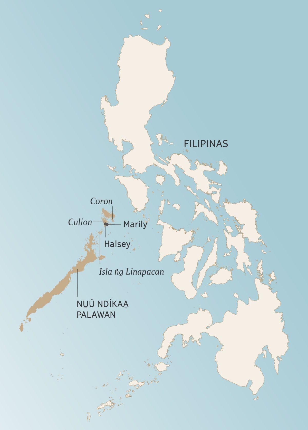 Mapa ña̱ náʼa̱ nu̱ú ndíkaa̱ ñuu Palawan (Filipinas), ta saátu savaka ñuu nu̱ú ni̱xi̱ka ta̱ Angelito xíʼin na̱ veʼera tá ka̱chíñuna nu̱ú Jehová: Coron, Culion, Halsey, Marily xíʼin isla ña̱ Linapacan.