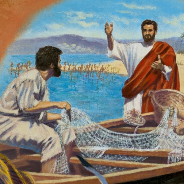 Jezus predikt tot een paar vissers