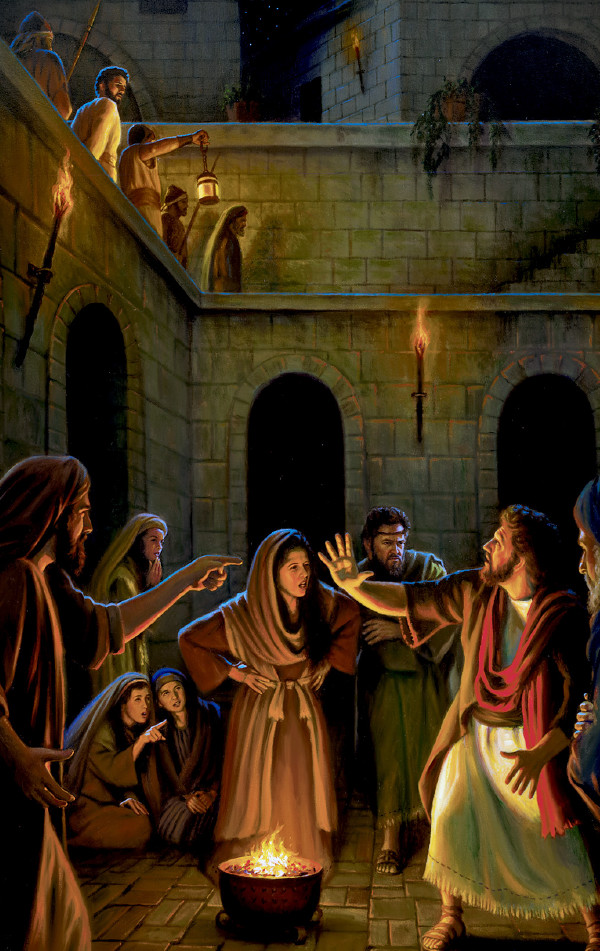 Jezus kijkt vanaf een balkon naar Petrus, die op een binnenplaats is en zegt dat hij Jezus niet kent.