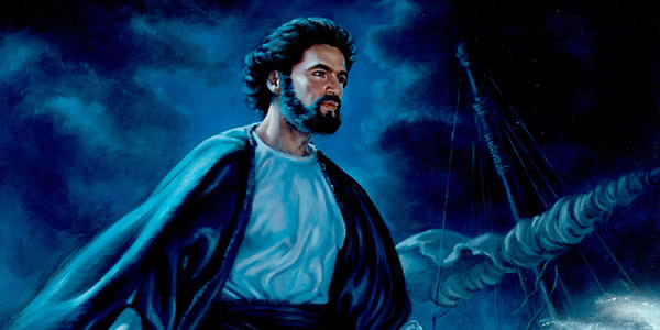 Jezus op het Meer van Galilea tijdens een donkere, stormachtige nacht.