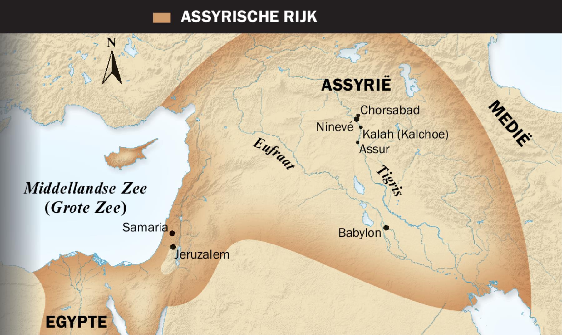 1. Een gevleugelde stier uit Assyrië; 2. Een kaart van het Assyrische Rijk