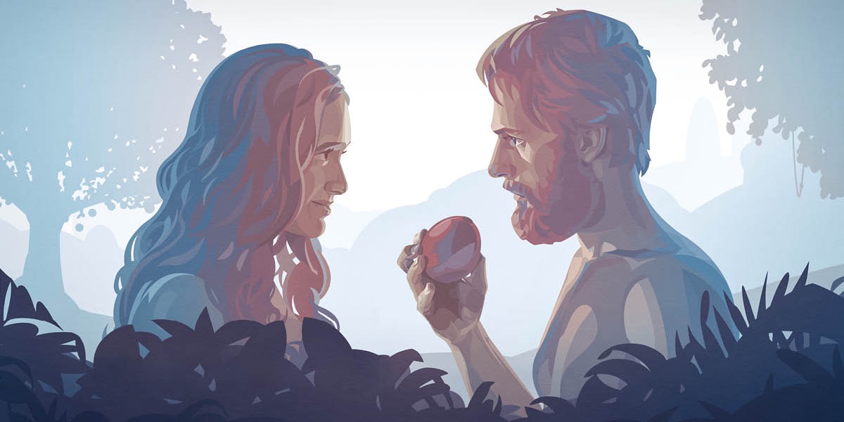 Adam en Eva kijken elkaar aan terwijl Adam de vrucht in zijn hand houdt.