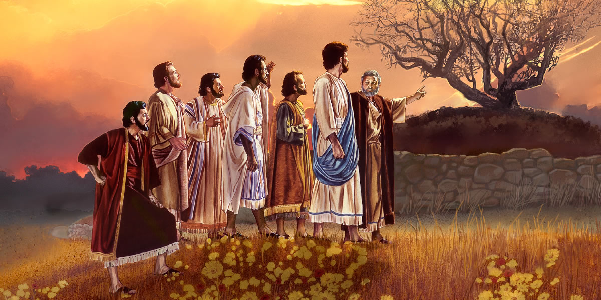 Jezus en zijn discipelen zien dat de onvruchtbare vijgenboom is verdord