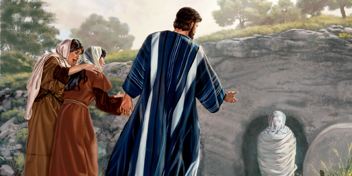 Maria en Martha zien dat Jezus hun broer Lazarus uit de dood opwekt