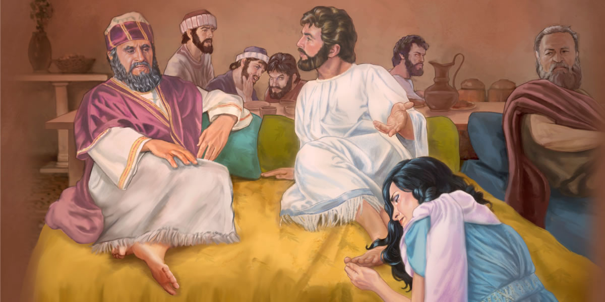 Als Jezus met de andere gasten aan tafel gaat, knielt een vrouw aan zijn voeten