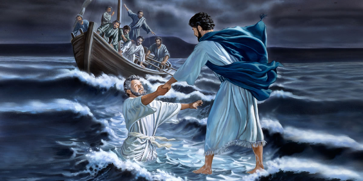 Terwijl Petrus over het water loopt, begint hij te zinken; Jezus steekt zijn hand uit en grijpt hem vast