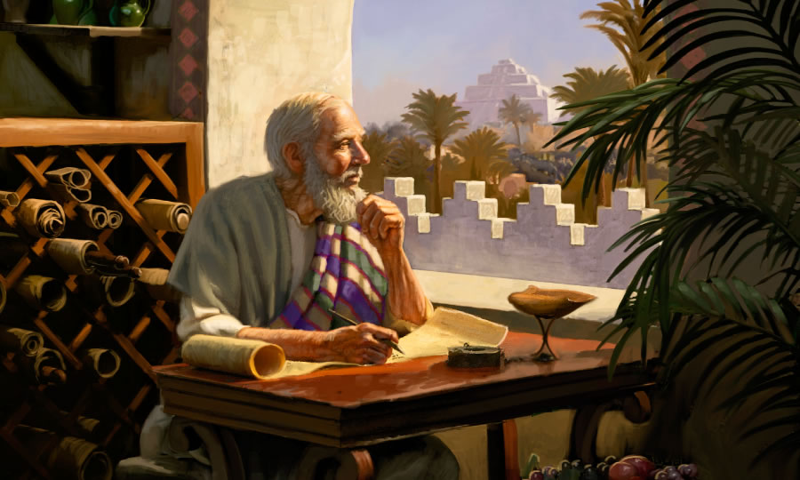 De profeet Daniël in het oude Babylon die aan het schrijven is