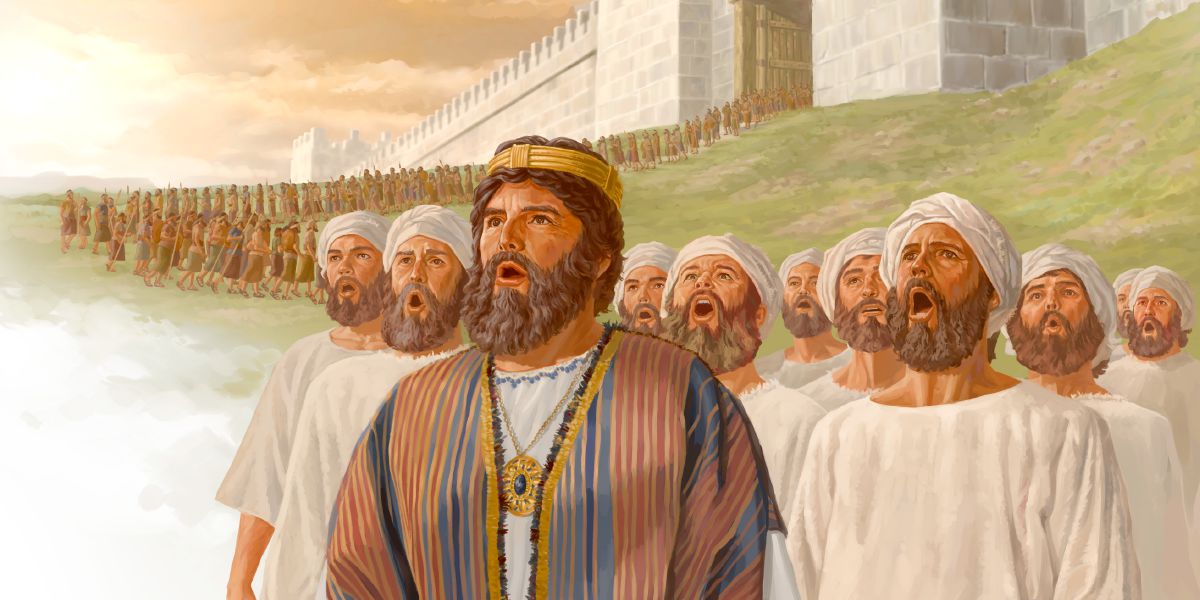 Koning Josafat en de zangers leiden het leger uit Jeruzalem