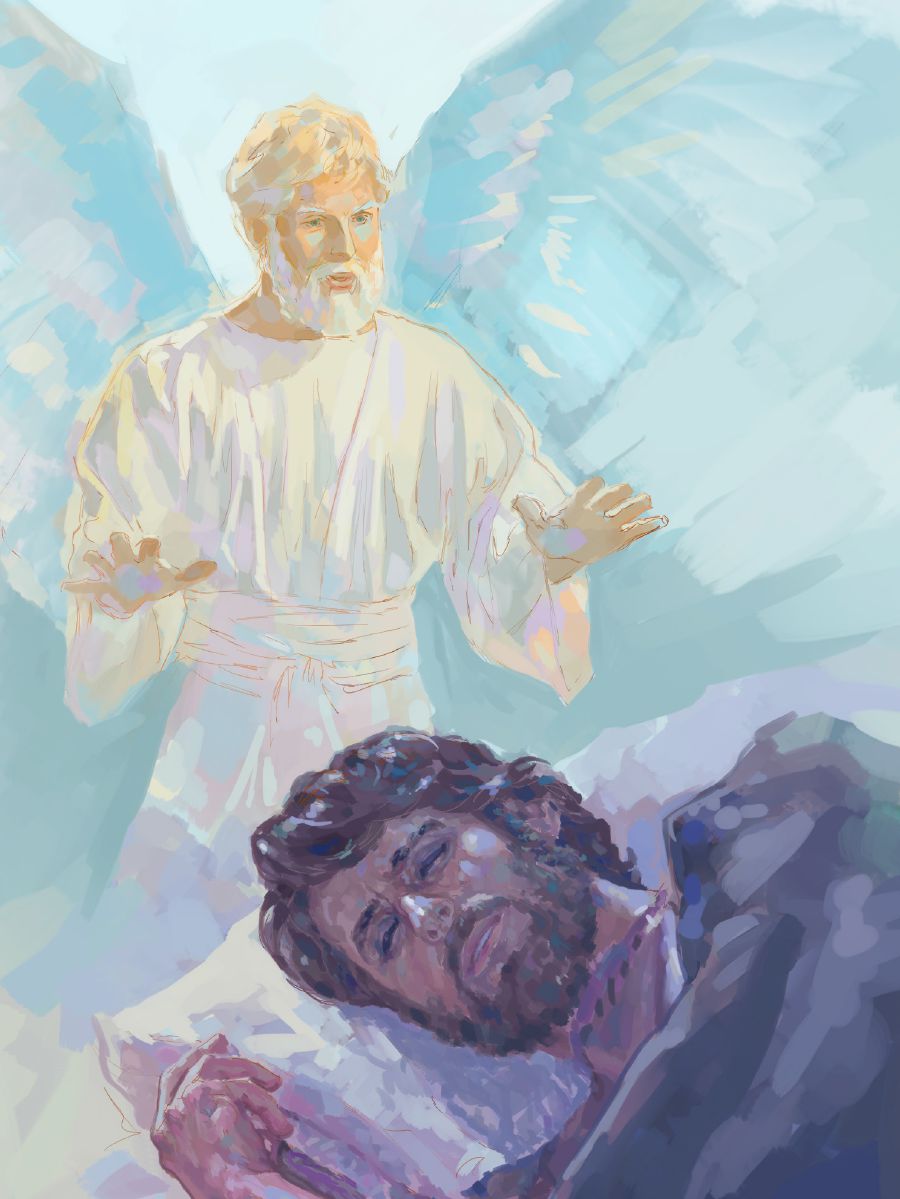 Een engel spreekt tegen Jozef in een droom