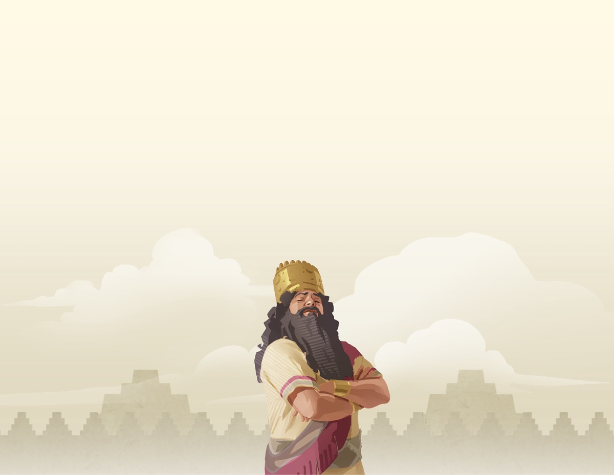 Koning Nebukadnezar die trots voor zich uit kijkt.