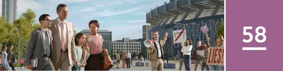 Les 58. Een gezin loopt rustig voorbij een groep afvalligen die schreeuwen tegen mensen die bij een congres van Jehovah’s Getuigen aankomen.