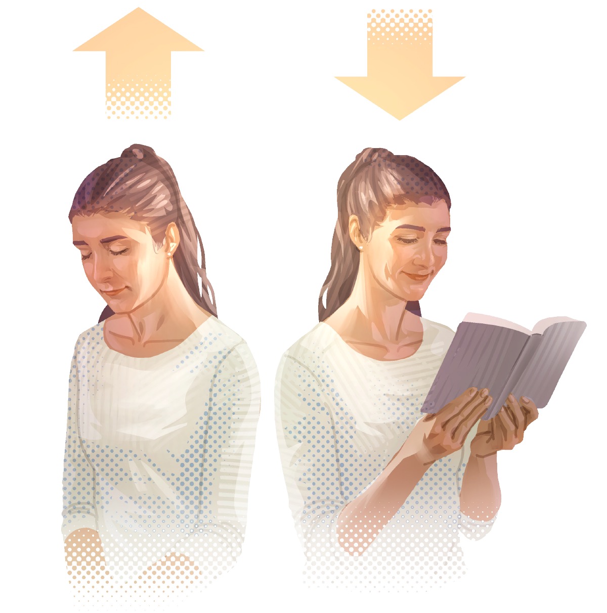 Collage: 1. Een vrouw bidt. Boven haar hoofd wijst een pijl omhoog. 2. Een vrouw leest in de Bijbel. Boven haar hoofd wijst een pijl omlaag.