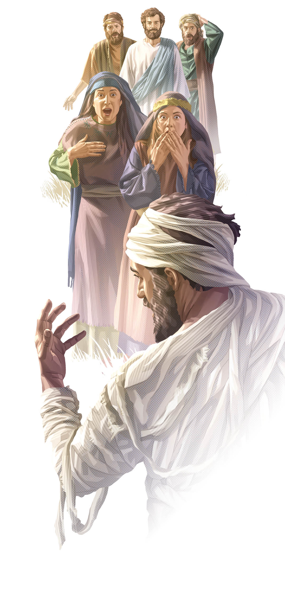 Lazarus wordt door Jezus uit de dood opgewekt terwijl anderen vol verbazing toekijken.