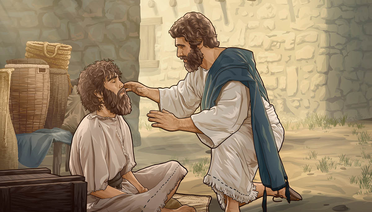 Jezus is vriendelijk tegen een blinde man die hij gaat genezen.