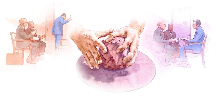Een voorbeeld van gevormd worden door de Grote Pottenbakker: een broeder die wegloopt van twee ouderlingen maar later terugkomt om met ze te praten