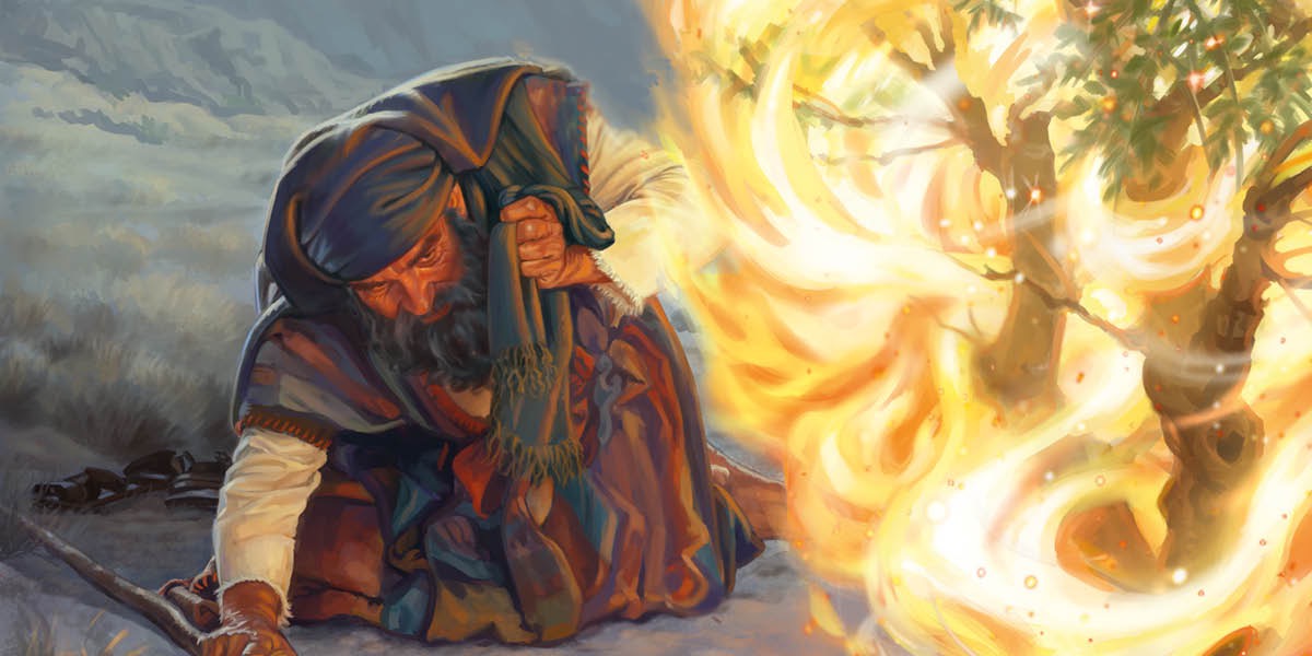 Mozes knielt en beschermt zijn gezicht tegen een brandende doornstruik.