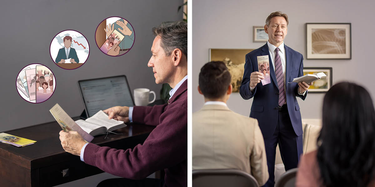 Collage: 1. Een broeder bereidt zich voor op de velddienstbijeenkomst. Op de kleinere afbeeldingen zijn verschillende traktaten te zien, een nieuwsbericht en een huisbewoner die een traktaat weigert. 2. De volgende dag leidt dezelfde broeder de velddienstbijeenkomst en hij houdt een traktaat en een bijbel in zijn handen.