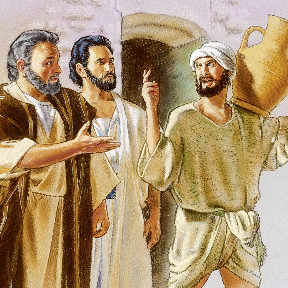 Petrus en Johannes volgen een man die een waterkruik draagt.