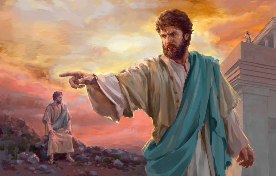 Afbeeldingen: Jezus zegt nee tegen verleidingen. 1. Jezus zit op een stapel stenen in de woestijn van Judea te mediteren. 2. Jezus staat op  het hoogste punt van de tempel. 3. Jezus zegt  resoluut: ‘Ga weg, Satan!’