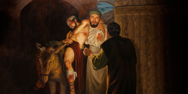 De goede Samaritaan brengt een gewonde man naar een herberg