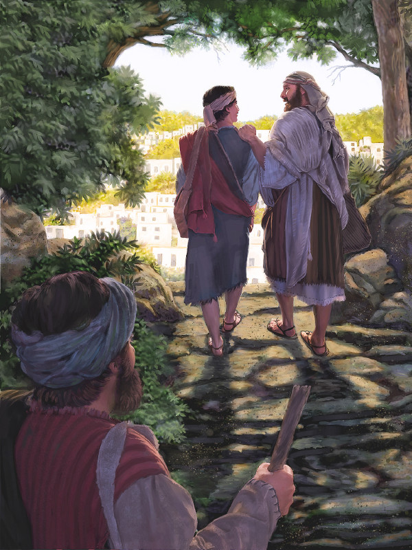 Paulus en Timotheüs die aan het wandelen zijn