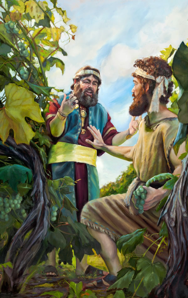 Koning Achab spreekt Naboth aan in een wijngaard