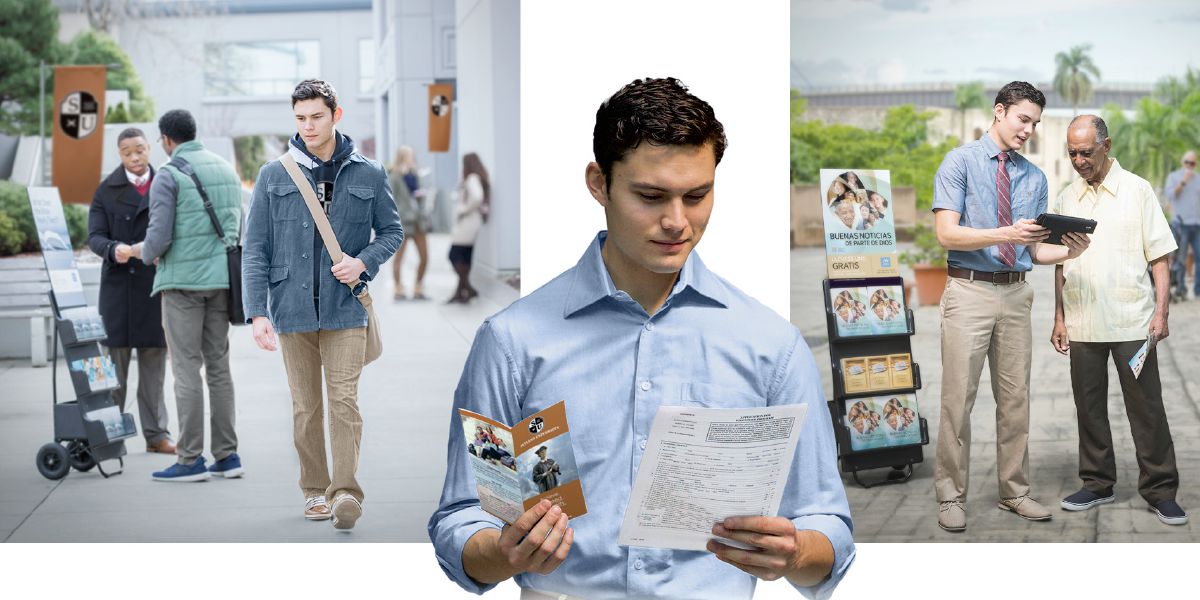 Een jonge broeder met in de ene hand een aanvraagformulier voor de volletijddienst en in de andere hand een informatiefolder van een universiteit