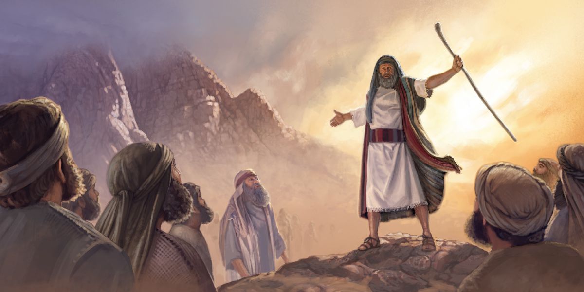 De Levieten verzamelen zich om Mozes heen bij de berg Sinaï