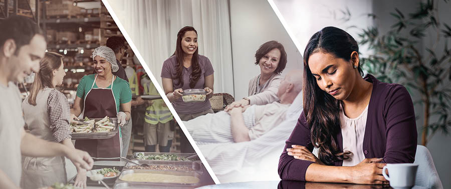 Collage: 1. Een zuster zit aan tafel te bidden. 2. De zuster serveert maaltijden op een theocratisch bouwproject. 3. De zuster bezoekt een echtpaar in het ziekenhuis en brengt eten mee. De vrouw troost haar man, die in een ziekenhuisbed ligt.
