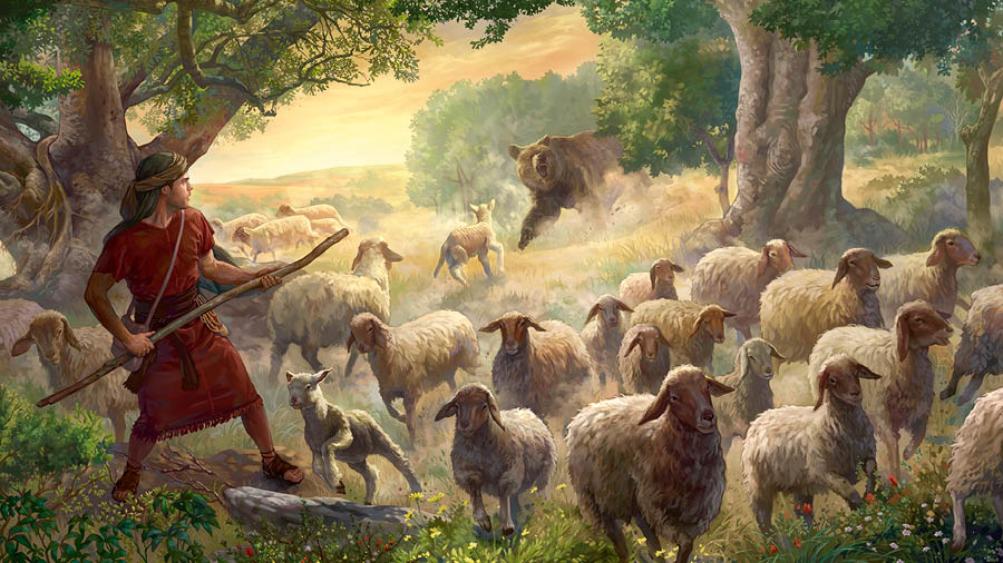 De jonge David, de toekomstige koning van Israël, staat klaar om een kudde schapen te beschermen tegen een beer.
